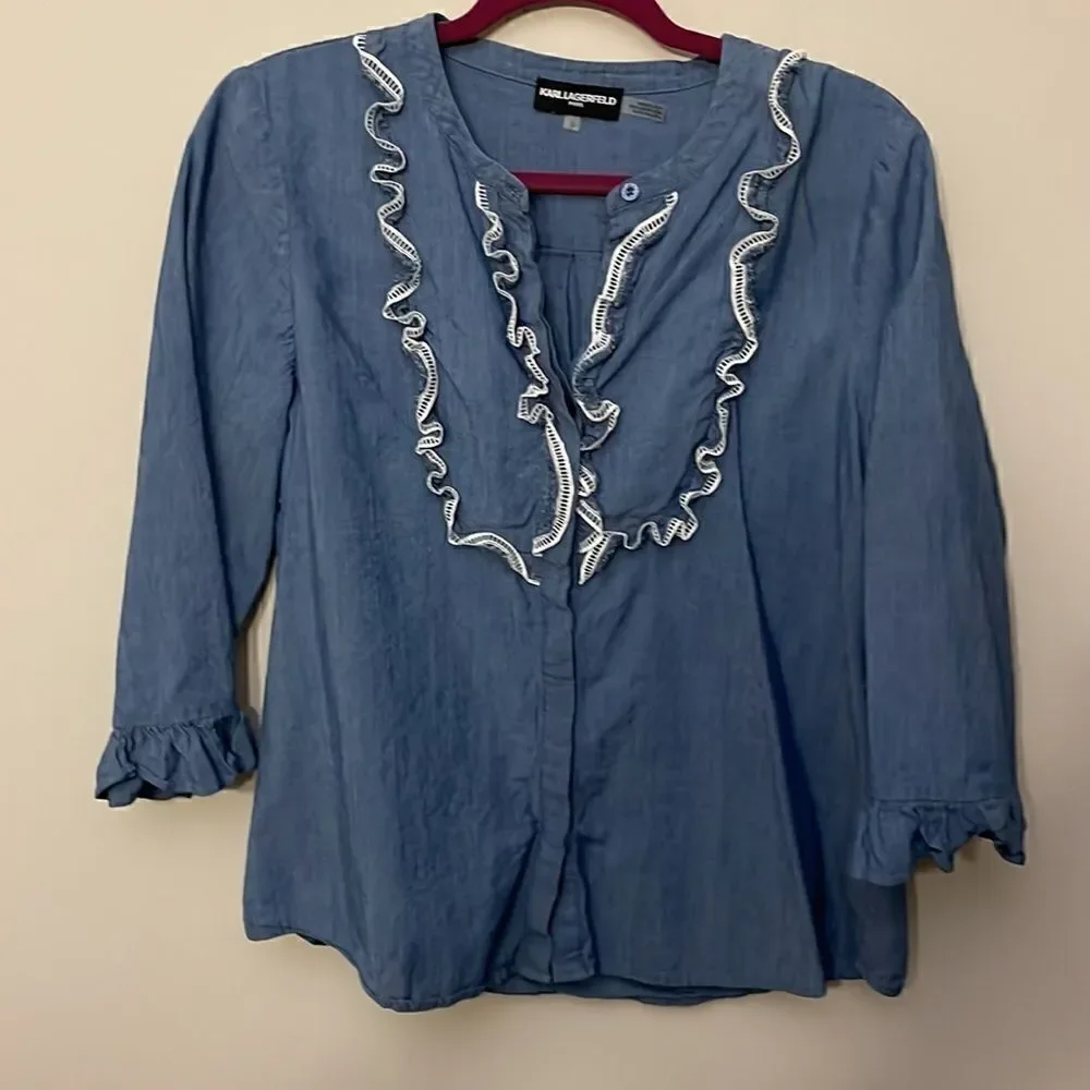 Karl Lagerfeld Button Down Ruffle Shirt - Picture 3 of 5